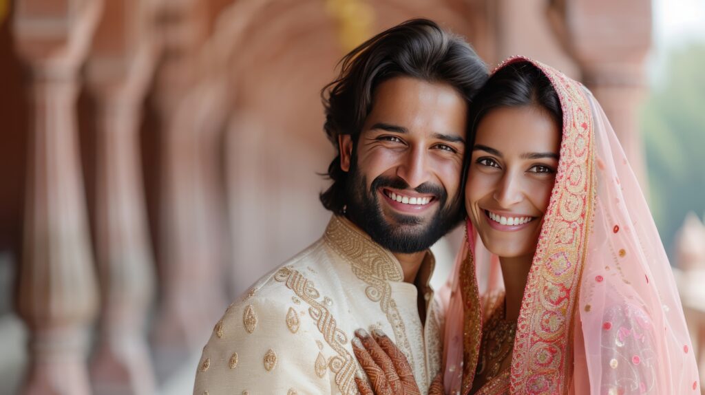 happy beautiful and indian couple smiling looking at camera whil